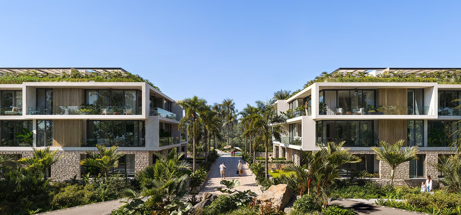 Render exterior del desarrollo residencial Bakabá en Playacar Fase II, Playa del Carmen