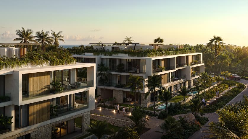 Render exterior de Bakabá con vistas a las áreas verdes