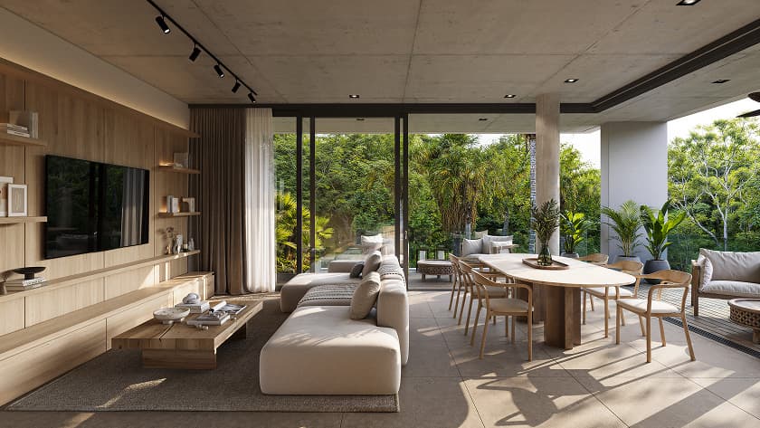 Render interior de la sala y comedor de un departamento en Bakabá
