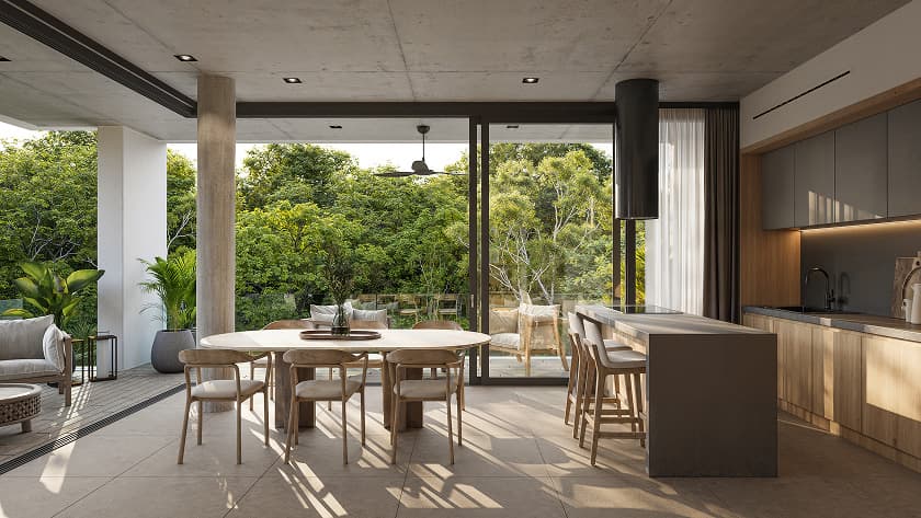 Render interior de la cocina integral de un departamento en Bakabá