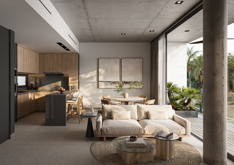 Render interior del espacio de oficina de un departamento en Bakabá