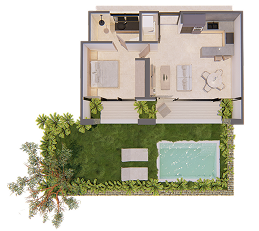 Plano arquitectónico de la tipología Garden 1BR (A) — Bakabá, Playacar