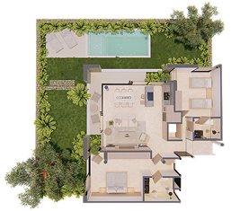 Plano arquitectónico de la tipología Garden 2BR — Bakabá, Playacar