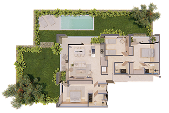 Plano arquitectónico de la tipología Garden 3BR — Bakabá, Playacar