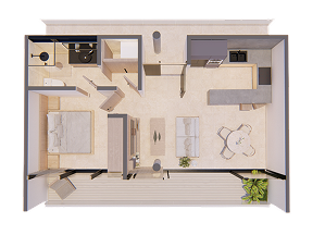 Plano arquitectónico de la tipología Middle Floor 1BR — Bakabá, Playacar