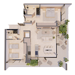 Plano del departamento Middle Floor de 2 recámaras de Bakabá con terraza envolvente