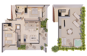 Plano arquitectónico de la tipología Pent House Rooftop 2BR — Bakabá, Playacar
