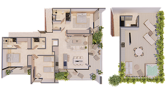 Plano del Pent House de 2 recámaras de Bakabá con rooftop privado y jacuzzi