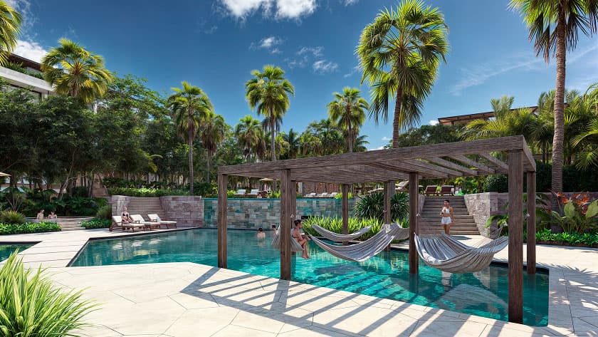 Render de la pérgola sobre agua con hamacas sobre la alberca en Bakabá