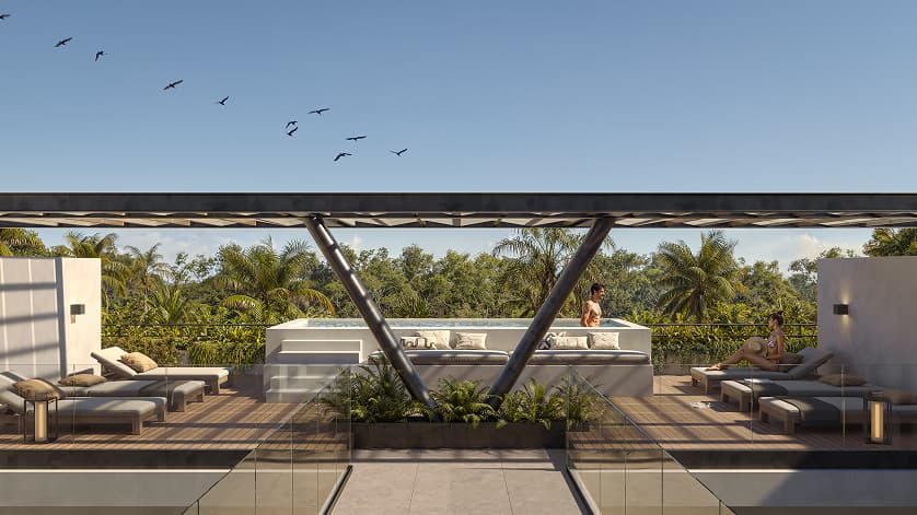 Render del lounge con terraza común de Bakabá