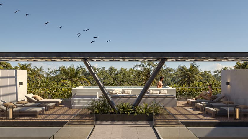 Render de la terraza común de Bakabá con áreas de descanso