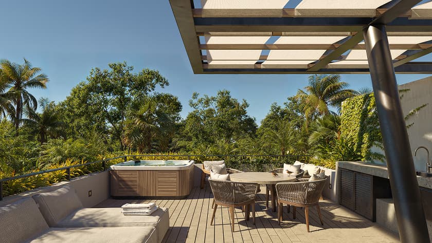 Render de una terraza privada envolvente en Bakabá